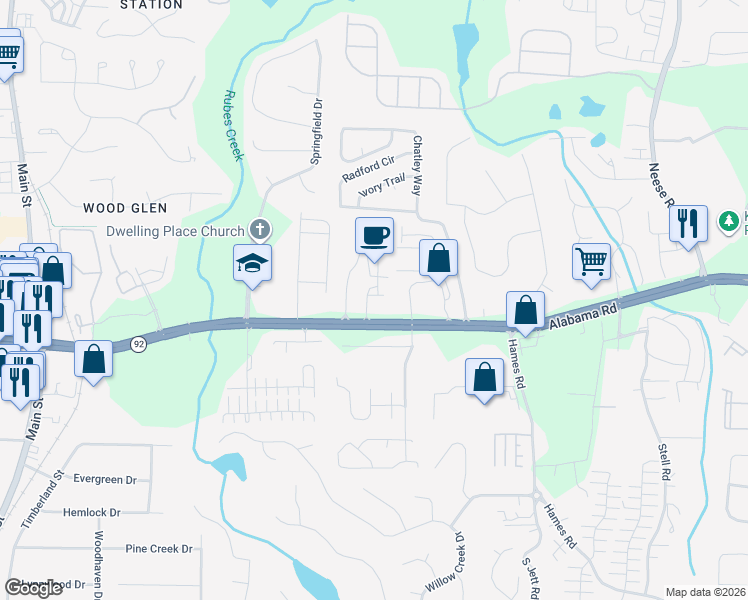 map of restaurants, bars, coffee shops, grocery stores, and more near 250 Churchill Court in Woodstock