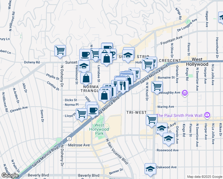 map of restaurants, bars, coffee shops, grocery stores, and more near 884 Palm Avenue in West Hollywood