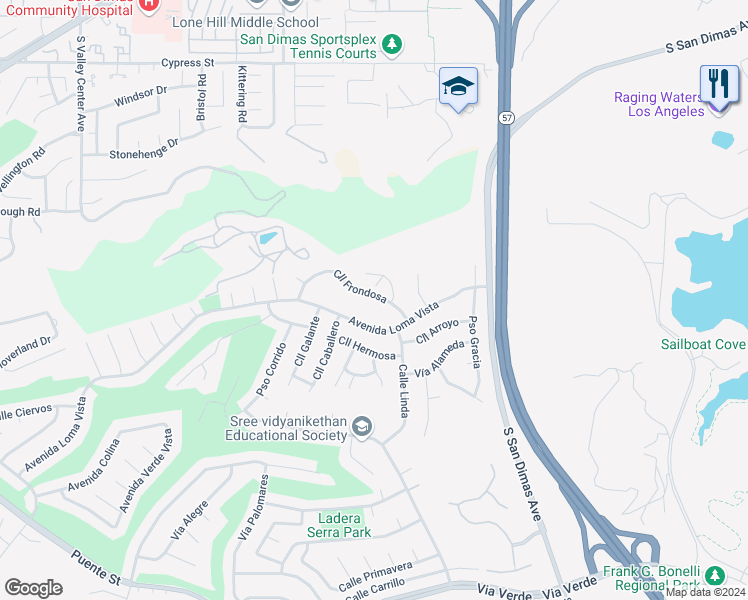 map of restaurants, bars, coffee shops, grocery stores, and more near 942 Calle Frondosa in San Dimas
