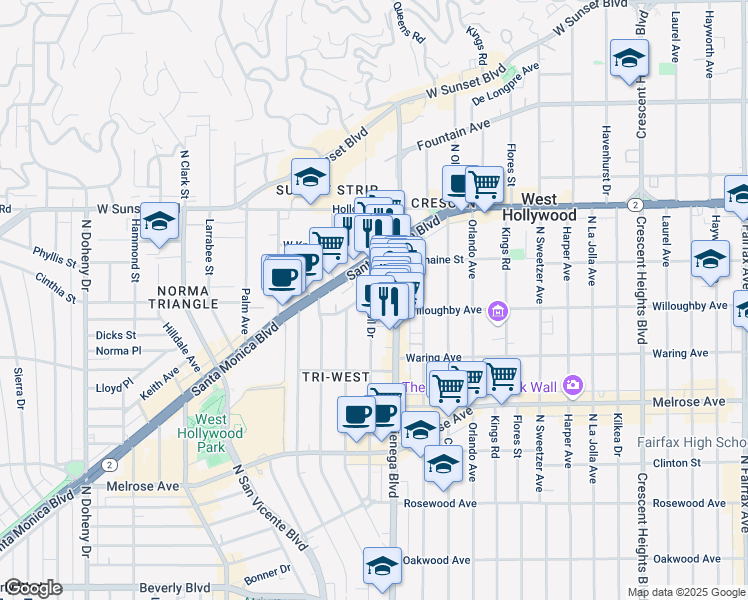 map of restaurants, bars, coffee shops, grocery stores, and more near 888 West Knoll Drive in West Hollywood