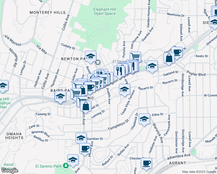 map of restaurants, bars, coffee shops, grocery stores, and more near 4960 Huntington Drive South in Los Angeles