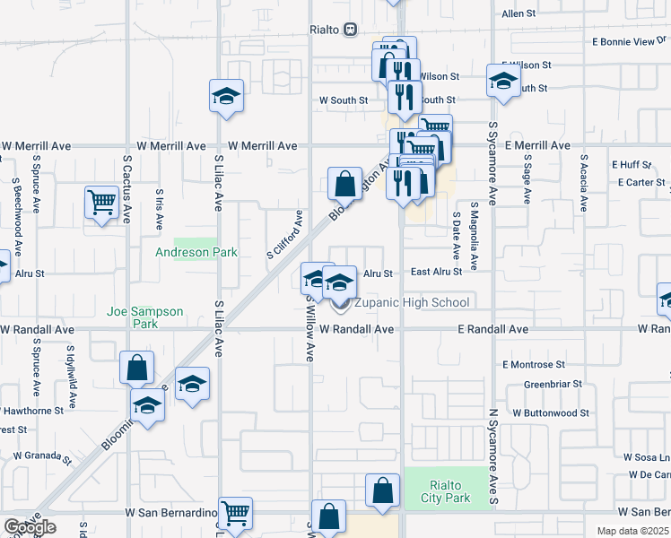 map of restaurants, bars, coffee shops, grocery stores, and more near 739 South Gardena Avenue in Rialto