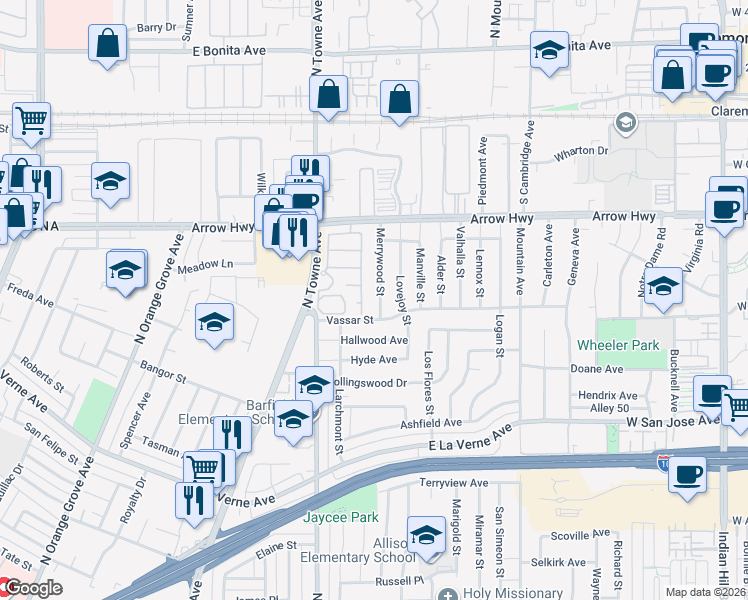 map of restaurants, bars, coffee shops, grocery stores, and more near 2417 Highland Pines Road in Pomona