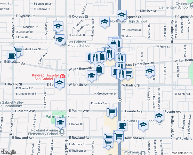 map of restaurants, bars, coffee shops, grocery stores, and more near 1060 West San Bernardino Road in Covina