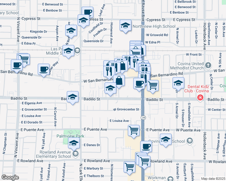 map of restaurants, bars, coffee shops, grocery stores, and more near 1060 West San Bernardino Road in Covina