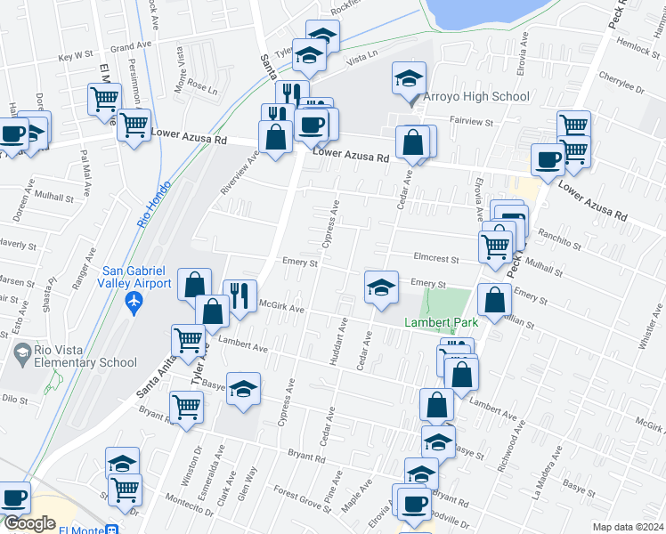 map of restaurants, bars, coffee shops, grocery stores, and more near 11125 Emery Street in El Monte
