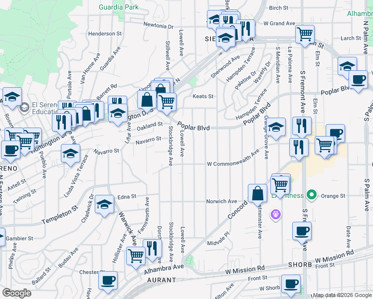 map of restaurants, bars, coffee shops, grocery stores, and more near 3539 Lowell Avenue in Los Angeles