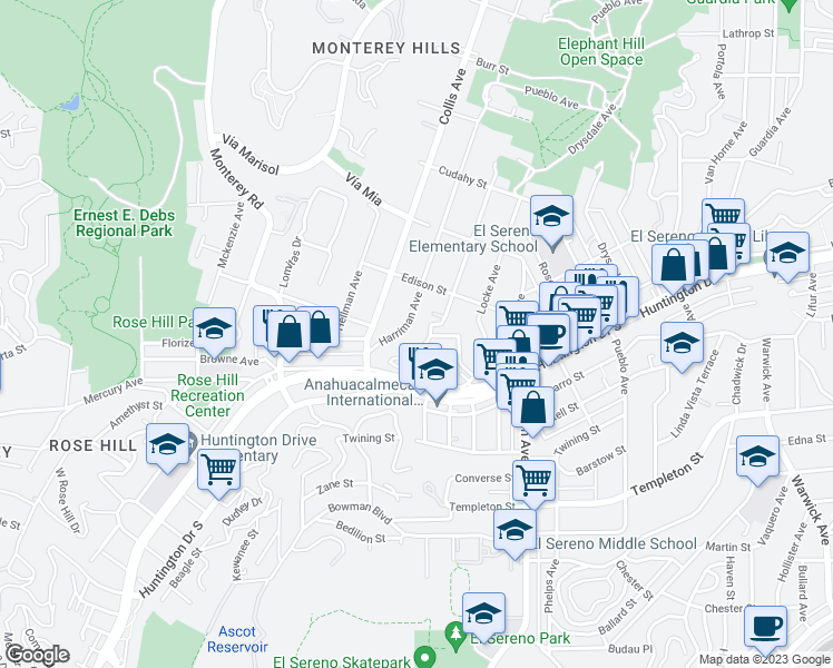 map of restaurants, bars, coffee shops, grocery stores, and more near 4795 Hillsdale Drive in Los Angeles