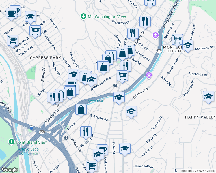 map of restaurants, bars, coffee shops, grocery stores, and more near 3531 1/2 Marmion Way in Los Angeles