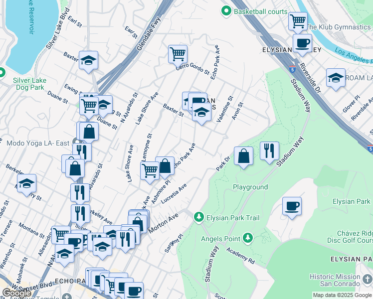 map of restaurants, bars, coffee shops, grocery stores, and more near 1957 Echo Park Avenue in Los Angeles