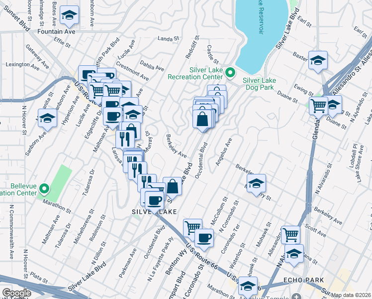 map of restaurants, bars, coffee shops, grocery stores, and more near in Los Angeles