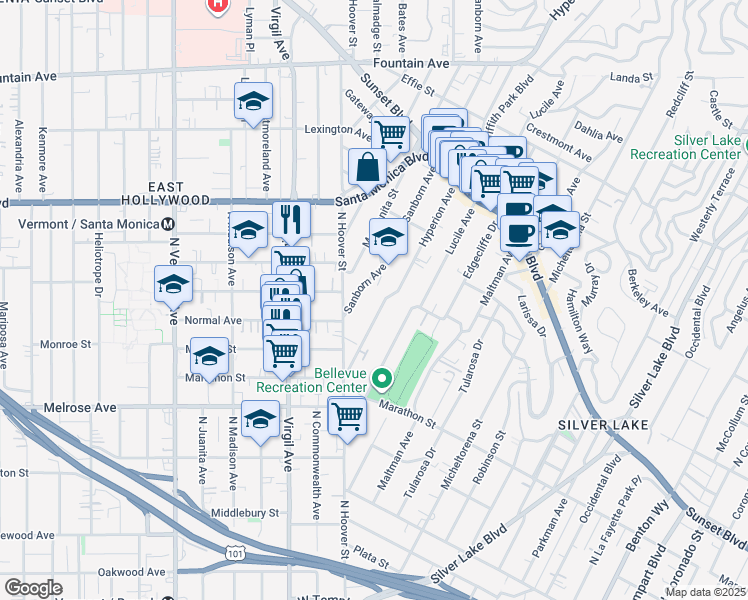 map of restaurants, bars, coffee shops, grocery stores, and more near 866 Hyperion Avenue in Los Angeles
