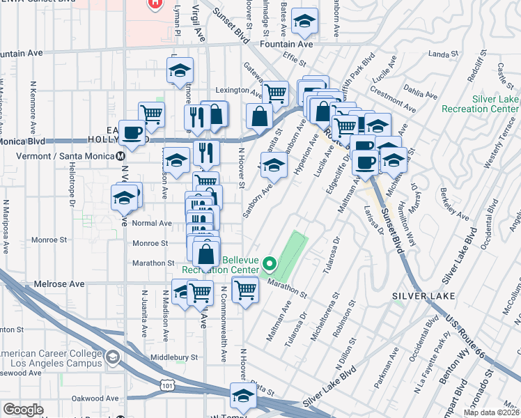 map of restaurants, bars, coffee shops, grocery stores, and more near 853 Sanborn Avenue in Los Angeles