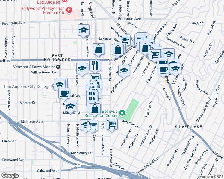 map of restaurants, bars, coffee shops, grocery stores, and more near 853 Sanborn Avenue in Los Angeles