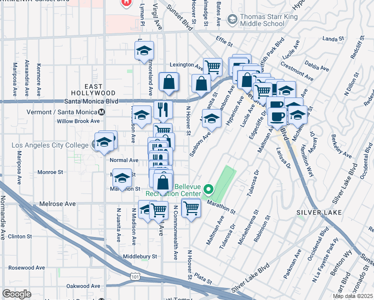 map of restaurants, bars, coffee shops, grocery stores, and more near 853 Sanborn Avenue in Los Angeles