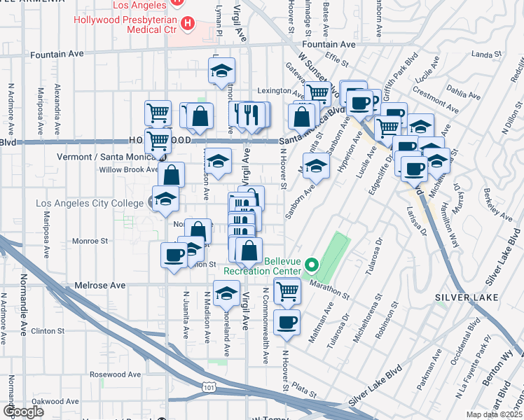 map of restaurants, bars, coffee shops, grocery stores, and more near 4226 Burns Avenue in Los Angeles