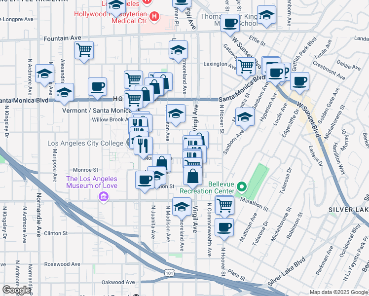 map of restaurants, bars, coffee shops, grocery stores, and more near 4346 Burns Avenue in Los Angeles