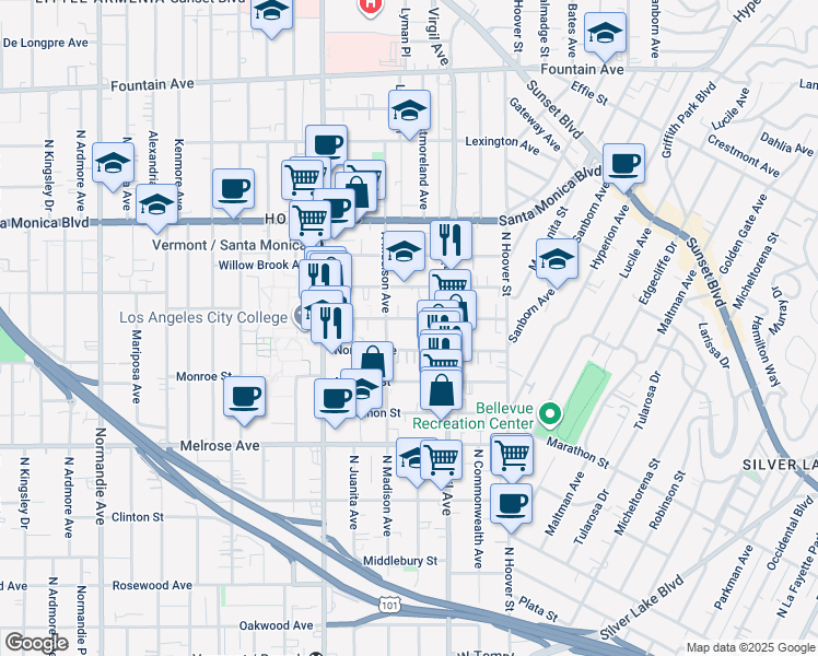 map of restaurants, bars, coffee shops, grocery stores, and more near 4346 Burns Avenue in Los Angeles