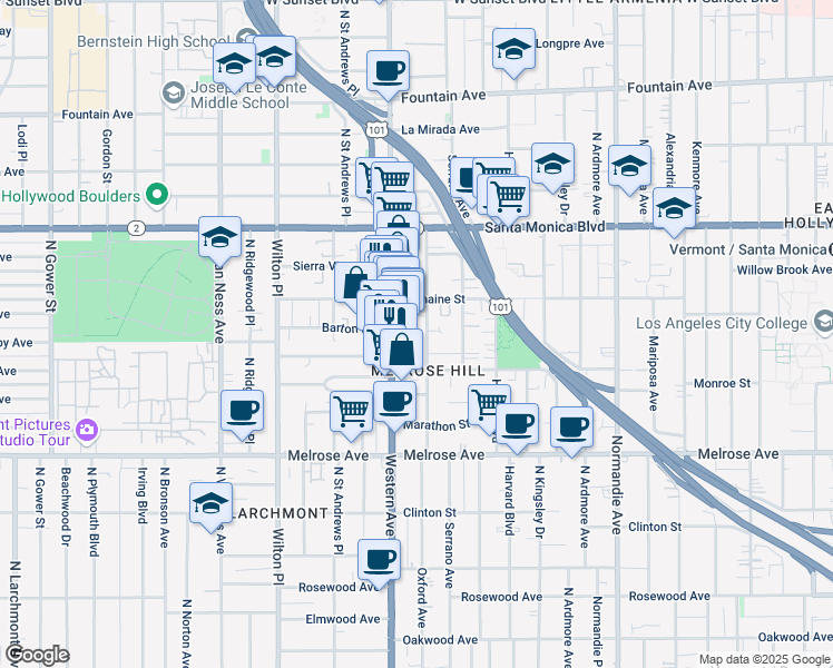 map of restaurants, bars, coffee shops, grocery stores, and more near 943 North Oxford Avenue in Los Angeles