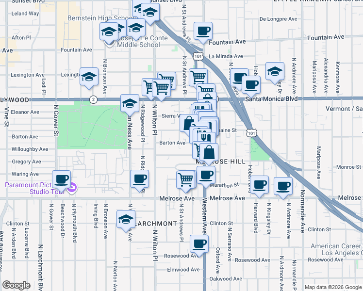 map of restaurants, bars, coffee shops, grocery stores, and more near 5446 Barton Avenue in Los Angeles