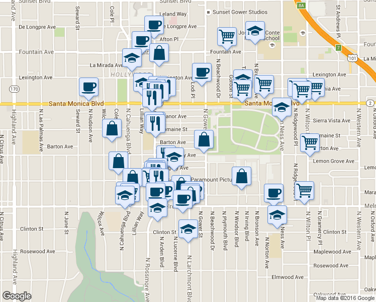 map of restaurants, bars, coffee shops, grocery stores, and more near 910 North El Centro Avenue in Los Angeles