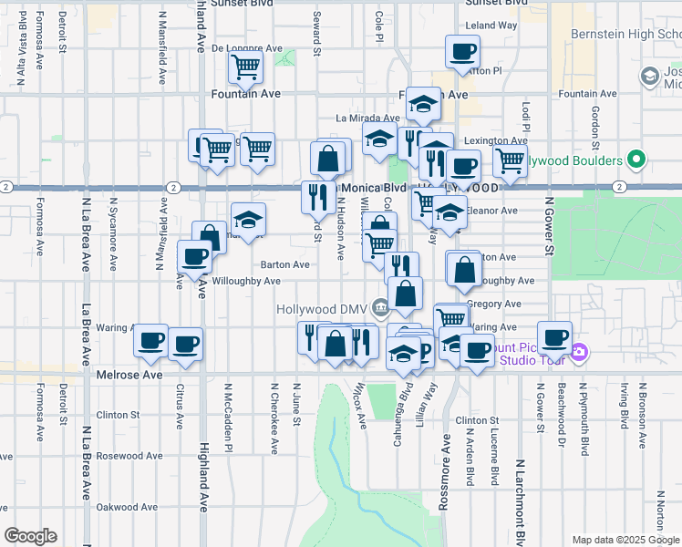 map of restaurants, bars, coffee shops, grocery stores, and more near 912 North Hudson Avenue in Los Angeles