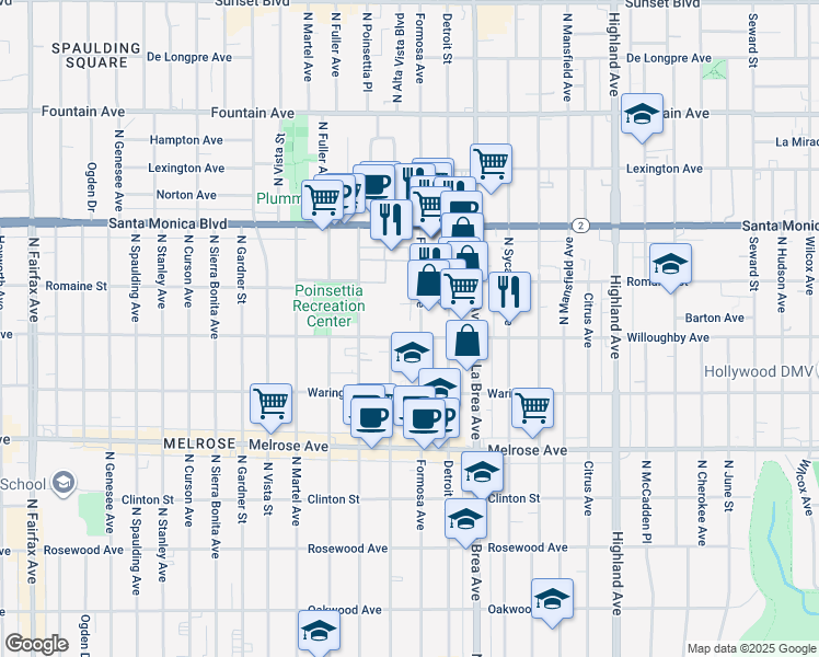 map of restaurants, bars, coffee shops, grocery stores, and more near 7215 Willoughby Avenue in Los Angeles
