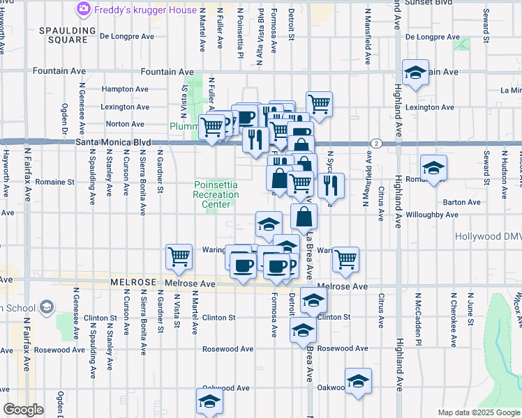map of restaurants, bars, coffee shops, grocery stores, and more near 7215 Willoughby Avenue in Los Angeles