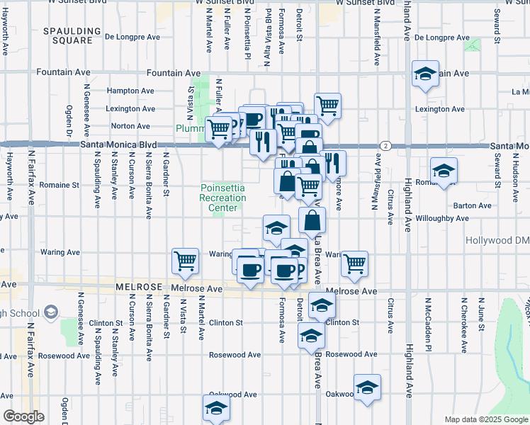 map of restaurants, bars, coffee shops, grocery stores, and more near 7215 Willoughby Avenue in Los Angeles