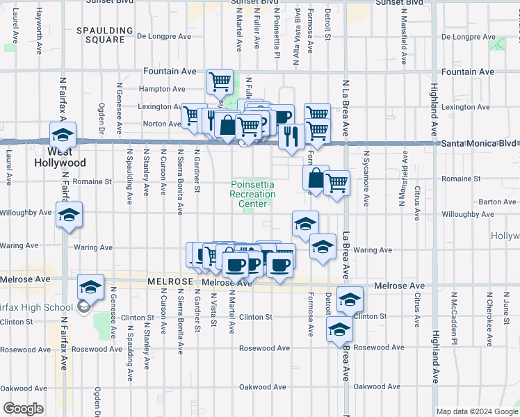 map of restaurants, bars, coffee shops, grocery stores, and more near 853 North Fuller Avenue in Los Angeles