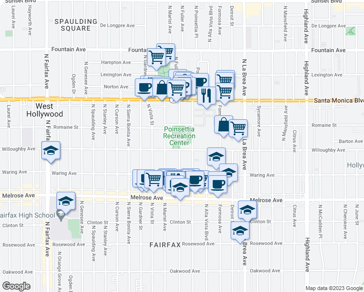 map of restaurants, bars, coffee shops, grocery stores, and more near 853 North Fuller Avenue in Los Angeles