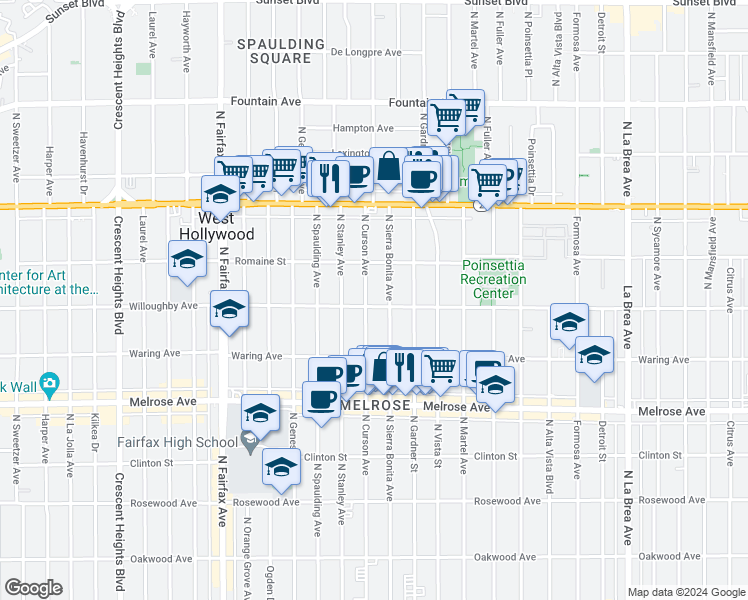 map of restaurants, bars, coffee shops, grocery stores, and more near 909 North Sierra Bonita Avenue in West Hollywood