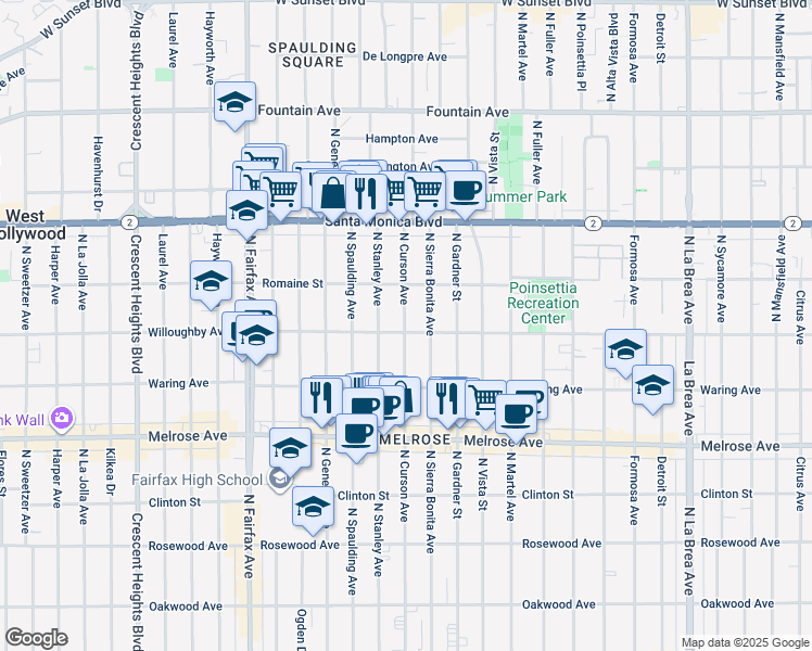 map of restaurants, bars, coffee shops, grocery stores, and more near 912 North Stanley Avenue in West Hollywood