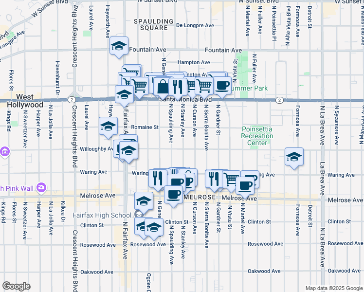 map of restaurants, bars, coffee shops, grocery stores, and more near 912 North Stanley Avenue in West Hollywood