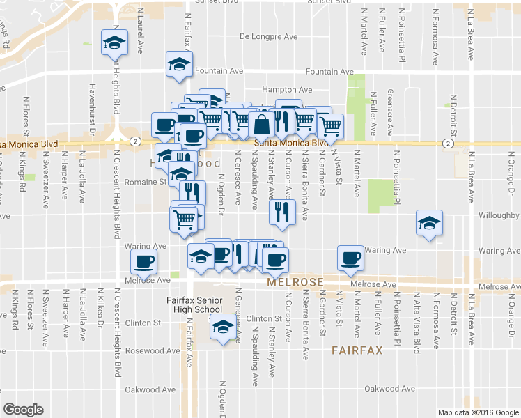 map of restaurants, bars, coffee shops, grocery stores, and more near 907 North Spaulding Avenue in West Hollywood