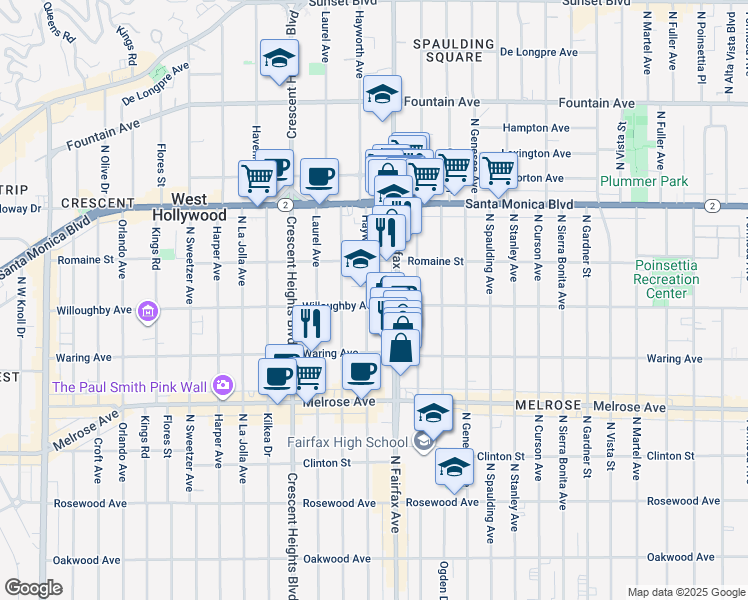 map of restaurants, bars, coffee shops, grocery stores, and more near 905 1/2 North Fairfax Avenue in West Hollywood