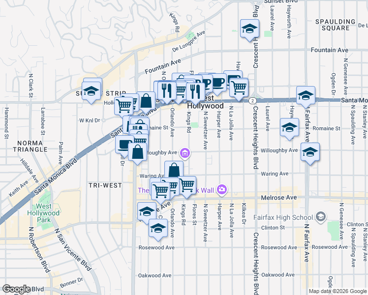 map of restaurants, bars, coffee shops, grocery stores, and more near 918 North Orlando Avenue in Los Angeles
