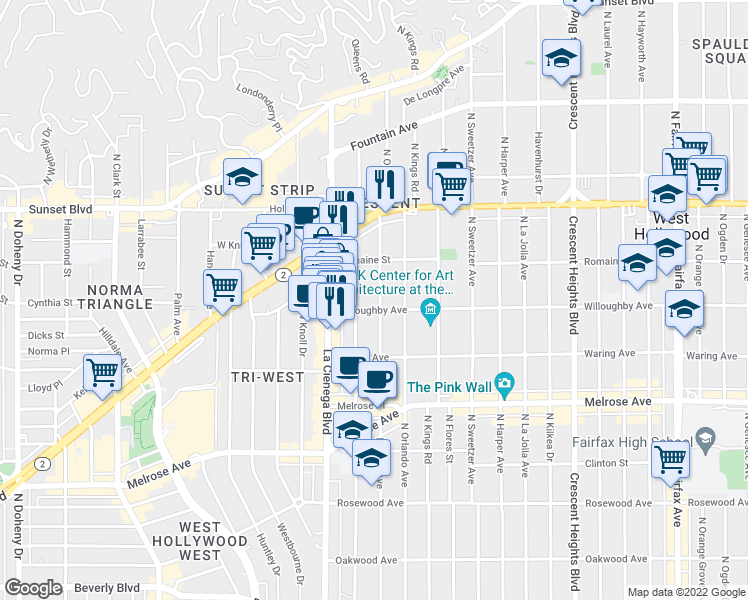 map of restaurants, bars, coffee shops, grocery stores, and more near 912 North Croft Avenue in Los Angeles