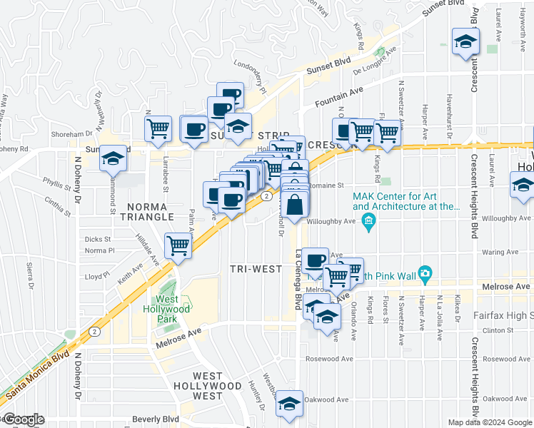 map of restaurants, bars, coffee shops, grocery stores, and more near 8577 Rugby Drive in West Hollywood