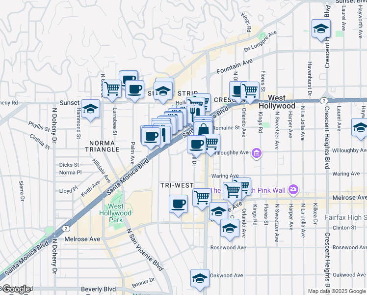 map of restaurants, bars, coffee shops, grocery stores, and more near 8577 Rugby Drive in West Hollywood
