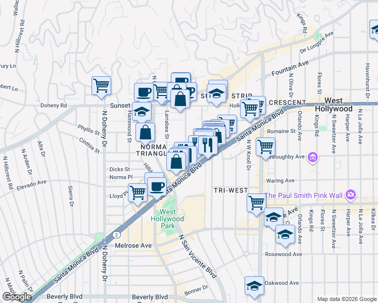 map of restaurants, bars, coffee shops, grocery stores, and more near 909 Palm Avenue in West Hollywood