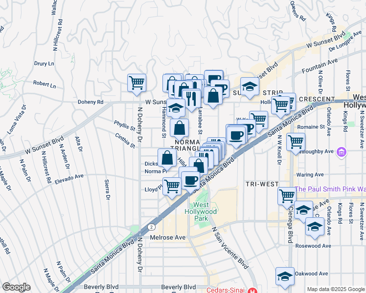 map of restaurants, bars, coffee shops, grocery stores, and more near in West Hollywood