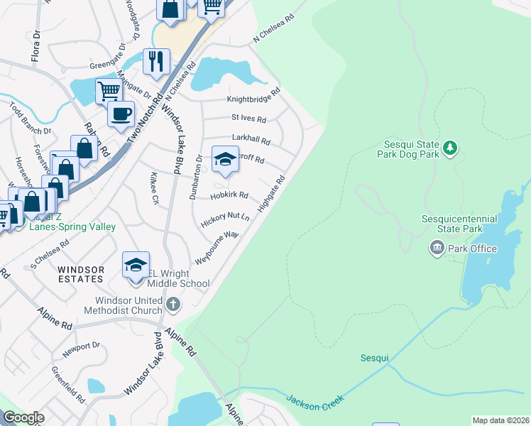 map of restaurants, bars, coffee shops, grocery stores, and more near 9700 Highgate Road in Columbia