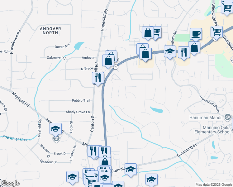 map of restaurants, bars, coffee shops, grocery stores, and more near 3035 Winston Terrace Court in Alpharetta