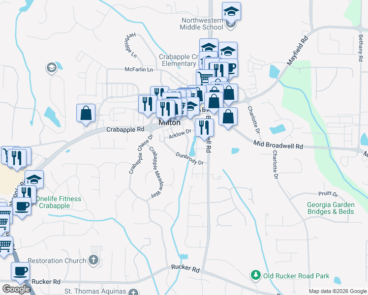 map of restaurants, bars, coffee shops, grocery stores, and more near 12564 Dunbrody Avenue in Milton