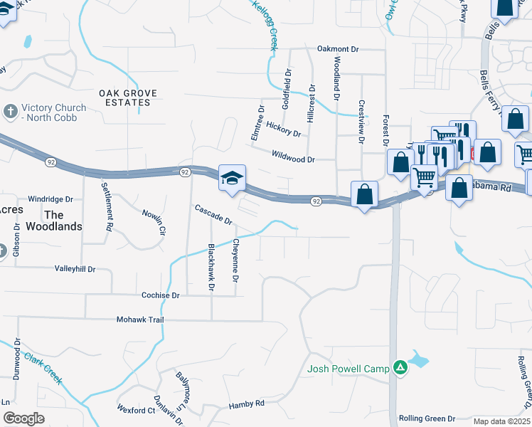 map of restaurants, bars, coffee shops, grocery stores, and more near Highway 92 in Acworth