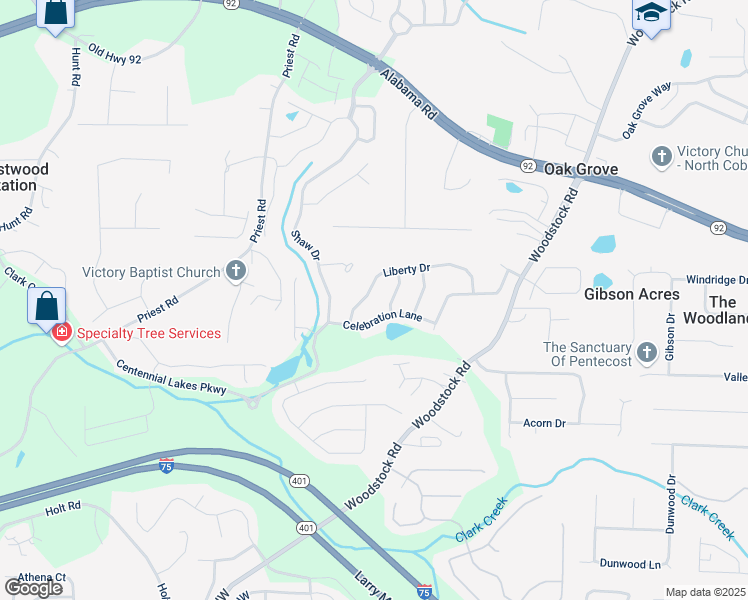 map of restaurants, bars, coffee shops, grocery stores, and more near 308 Liberty Drive in Acworth