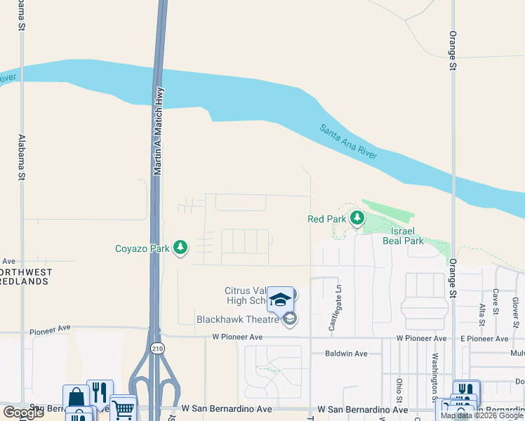 map of restaurants, bars, coffee shops, grocery stores, and more near 912 Lumia Circle in Redlands