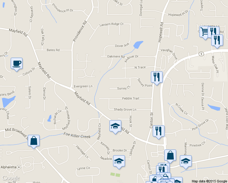 map of restaurants, bars, coffee shops, grocery stores, and more near 5600 Surrey Court in Alpharetta