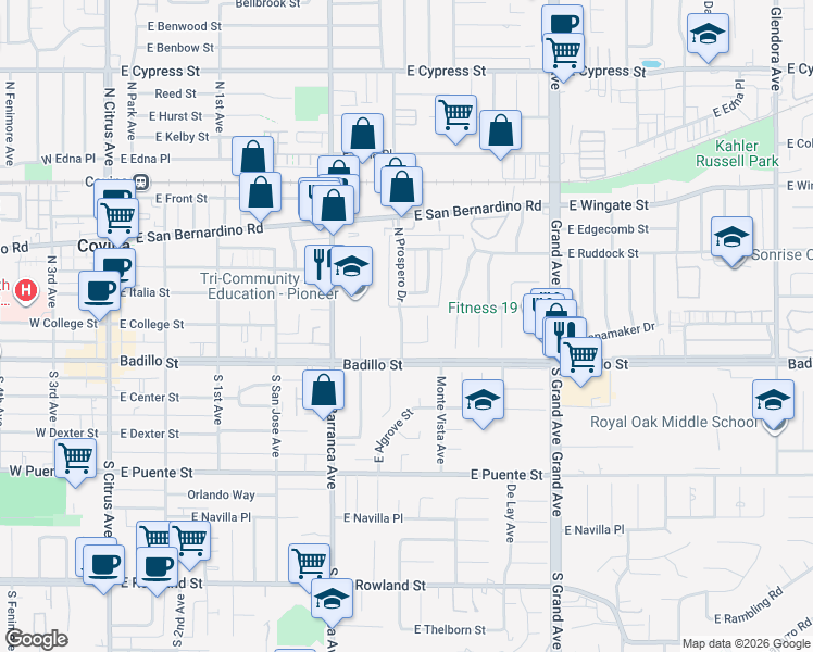 map of restaurants, bars, coffee shops, grocery stores, and more near 207 North Grandview Avenue in Covina